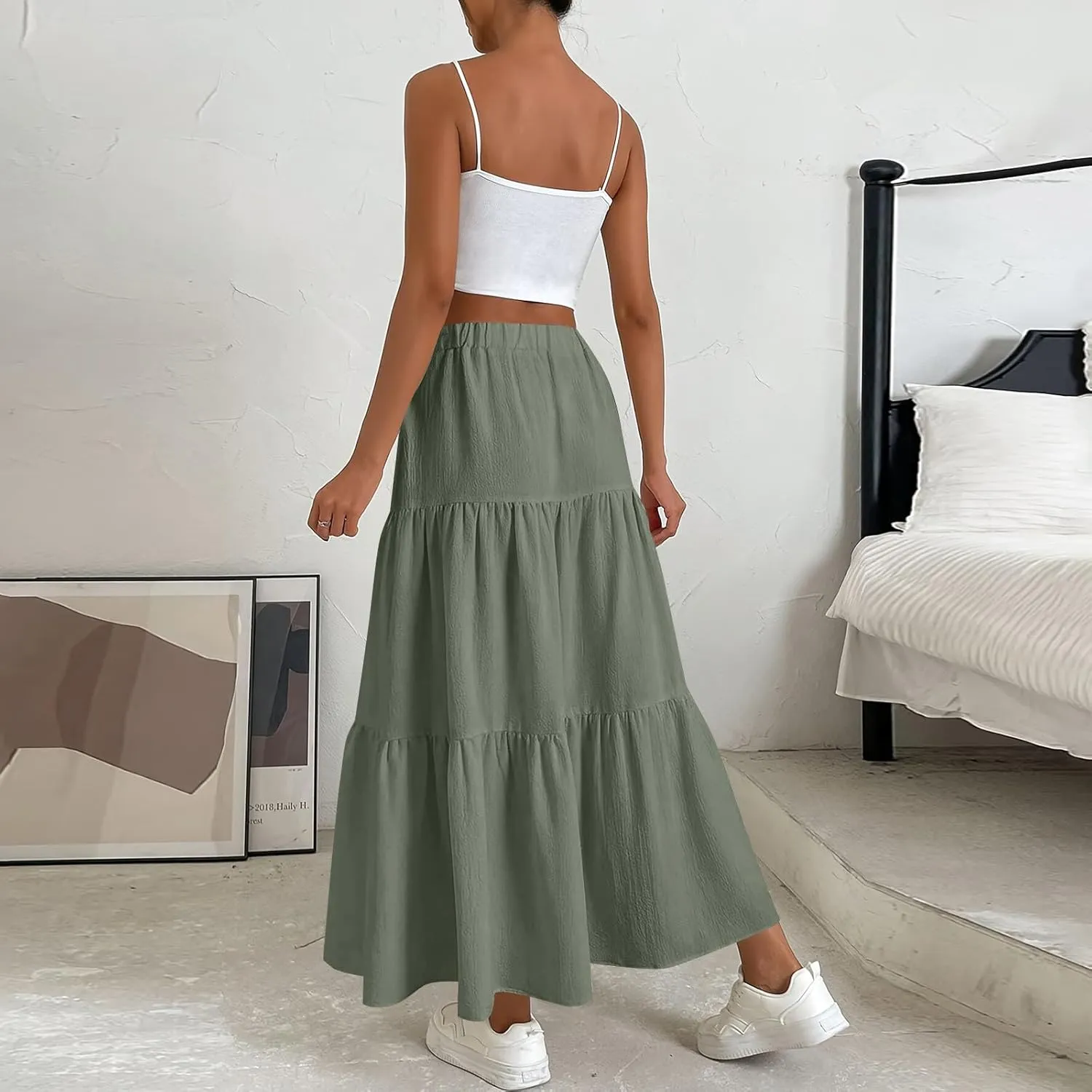 Flowy Skirts for Women Drawstring Elastic Waist Ruffled Solid Skirts Casual Bohemian Beach Skirt for Women