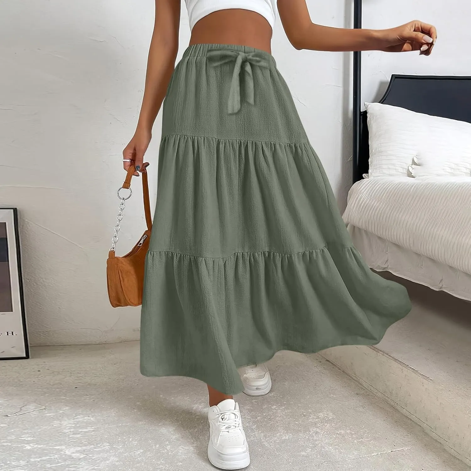 Flowy Skirts for Women Drawstring Elastic Waist Ruffled Solid Skirts Casual Bohemian Beach Skirt for Women