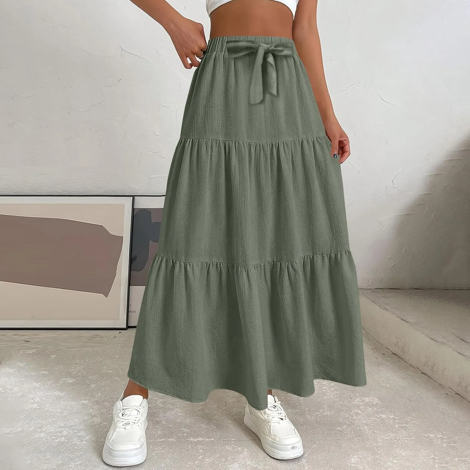Flowy Skirts for Women Drawstring Elastic Waist Ruffled Solid Skirts Casual Bohemian Beach Skirt for Women