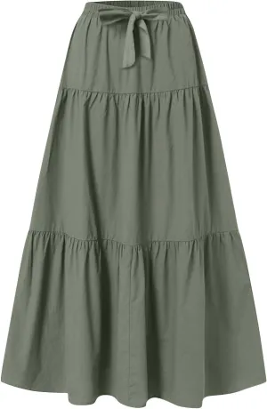 Flowy Skirts for Women Drawstring Elastic Waist Ruffled Solid Skirts Casual Bohemian Beach Skirt for Women