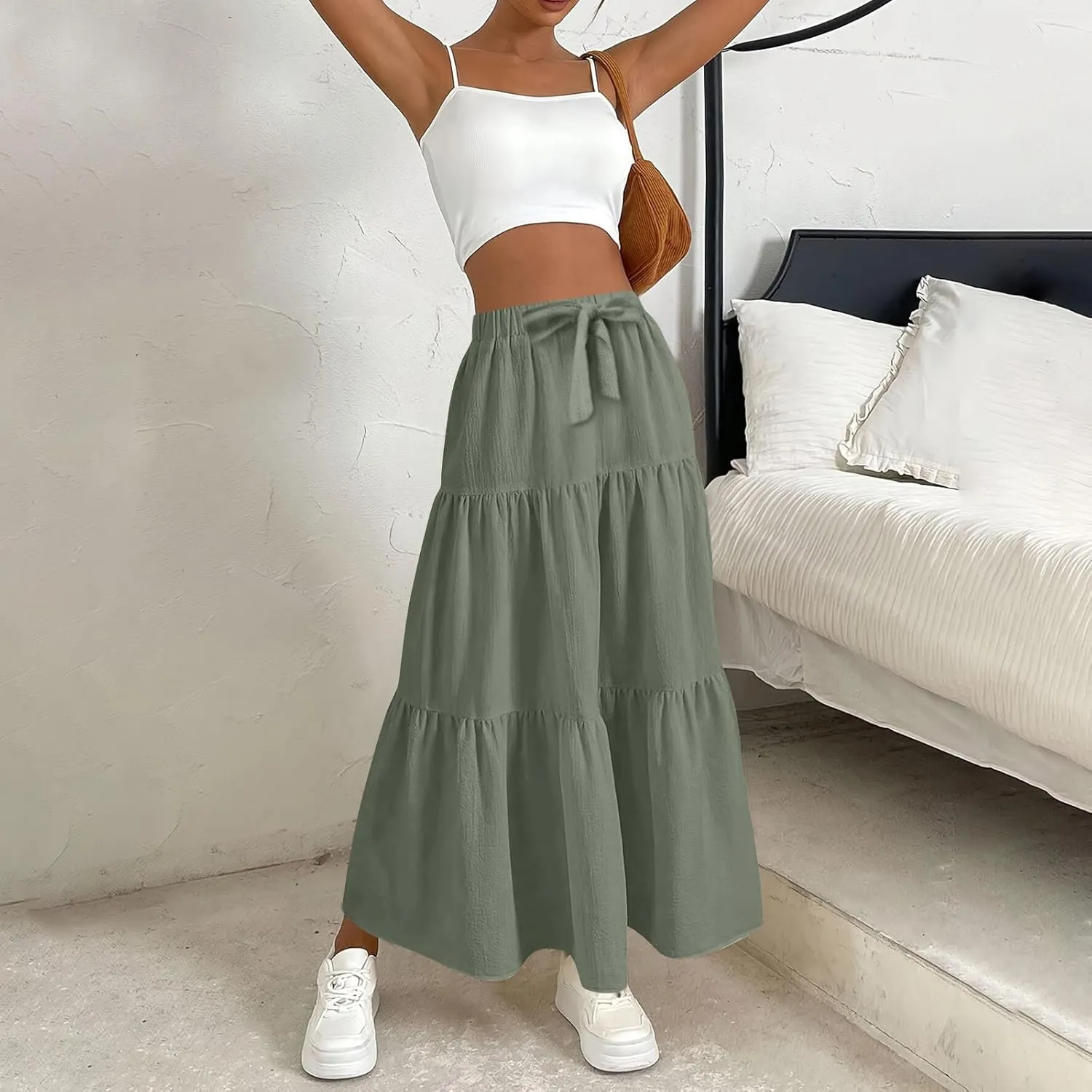 Flowy Skirts for Women Drawstring Elastic Waist Ruffled Solid Skirts Casual Bohemian Beach Skirt for Women