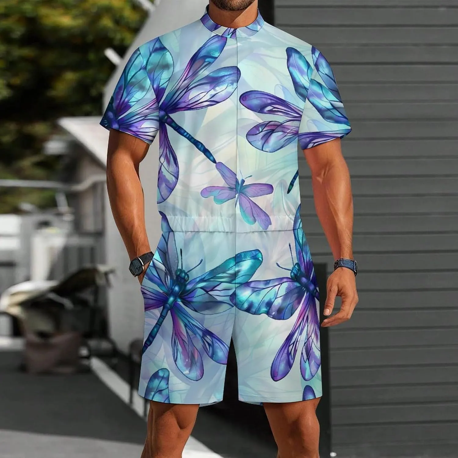 Flying Dragonflies Mens Short Sleeve Rompers Printed Slim Fit One Piece Jumpsuit with Pocket