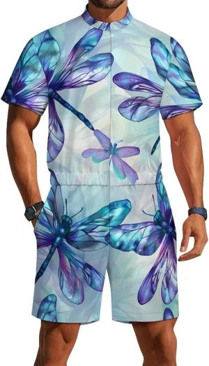 Flying Dragonflies Mens Short Sleeve Rompers Printed Slim Fit One Piece Jumpsuit with Pocket
