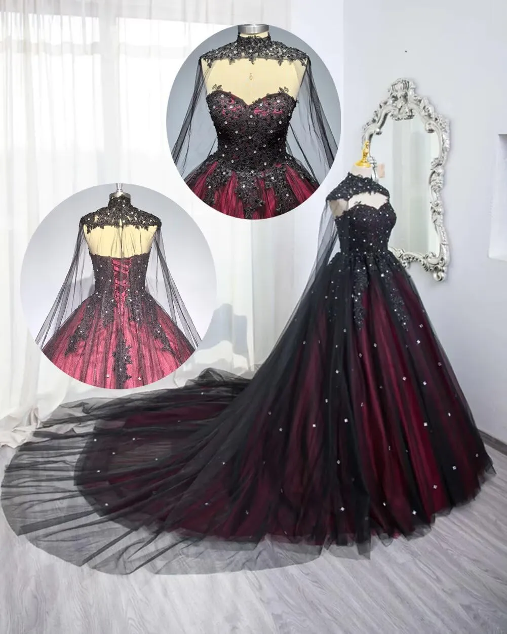 Ftupza Tulle Red Black Wedding Dresses for Bride Beading Lace Wedding Gown Luxury Sweetheart Long Bridal Gown