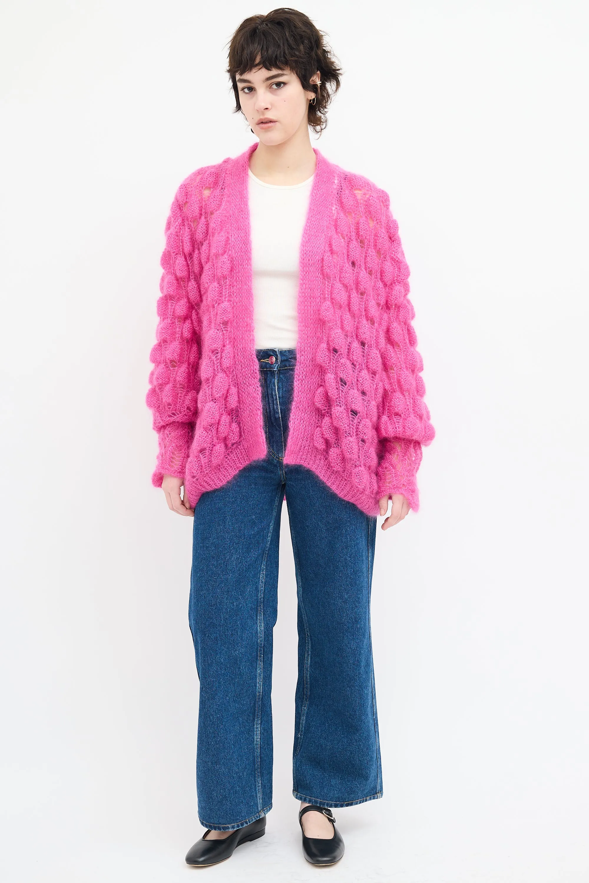 Fuchsia Mohair & Silk Bubble Knit Cardigan