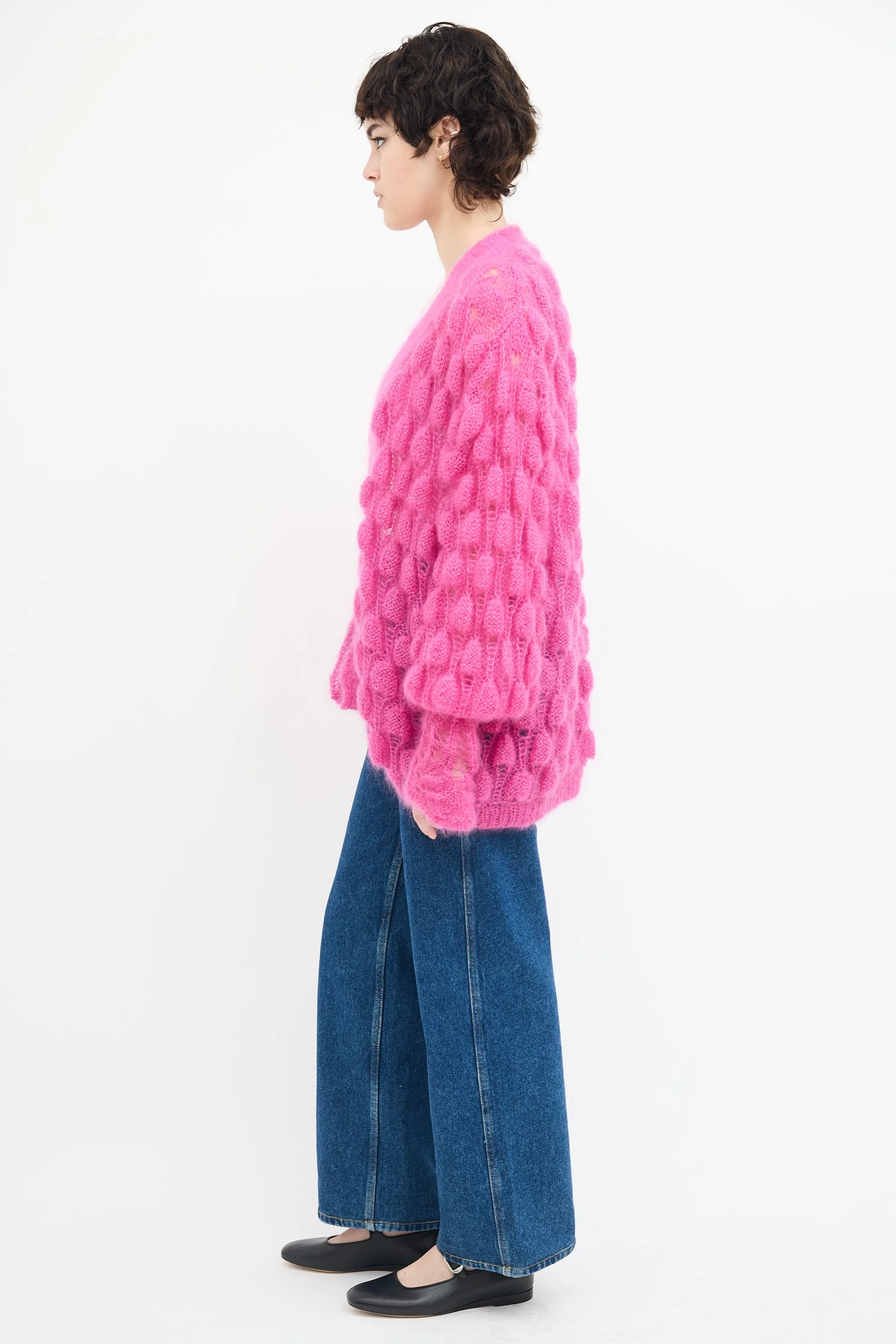 Fuchsia Mohair & Silk Bubble Knit Cardigan