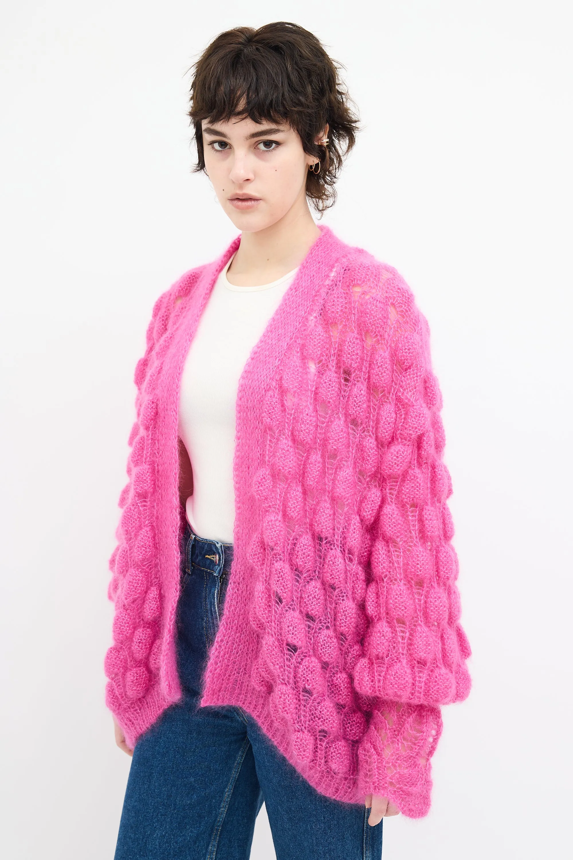 Fuchsia Mohair & Silk Bubble Knit Cardigan