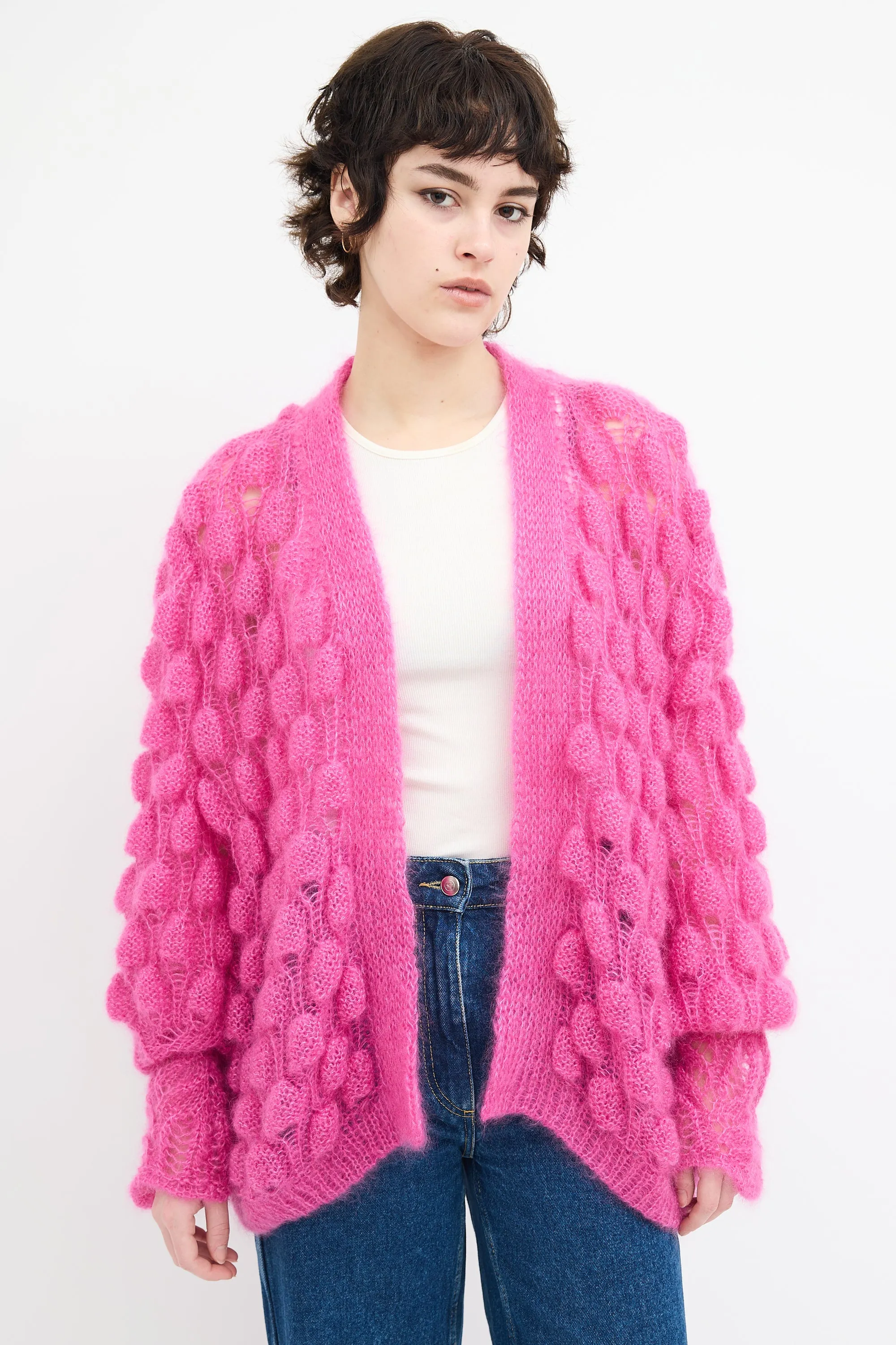 Fuchsia Mohair & Silk Bubble Knit Cardigan