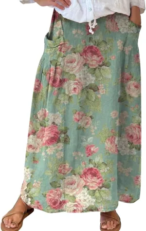 Generic Cotton/Linen Maxi A Line Skirt for Women 2024 - Boho Floral Elastic High Waist Long Skirts Summer Pleated Skirts