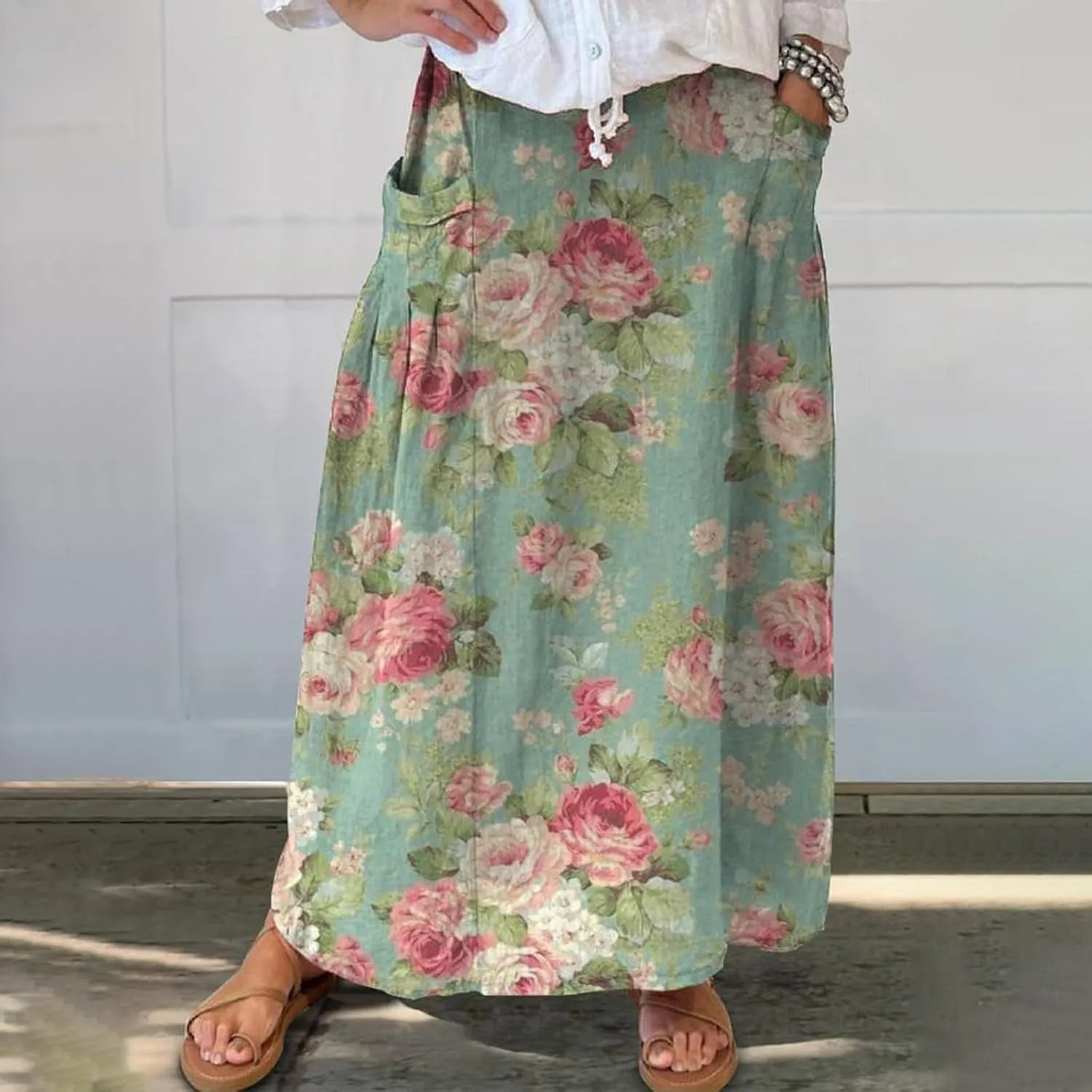 Generic Cotton/Linen Maxi A Line Skirt for Women 2024 - Boho Floral Elastic High Waist Long Skirts Summer Pleated Skirts