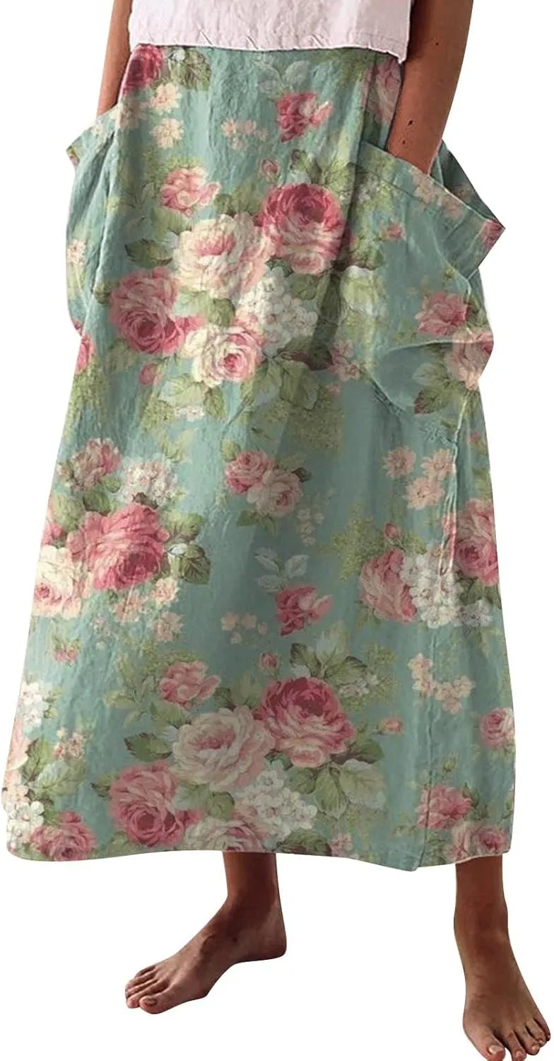 Generic Cotton/Linen Maxi A Line Skirt for Women 2024 - Boho Floral Elastic High Waist Long Skirts Summer Pleated Skirts