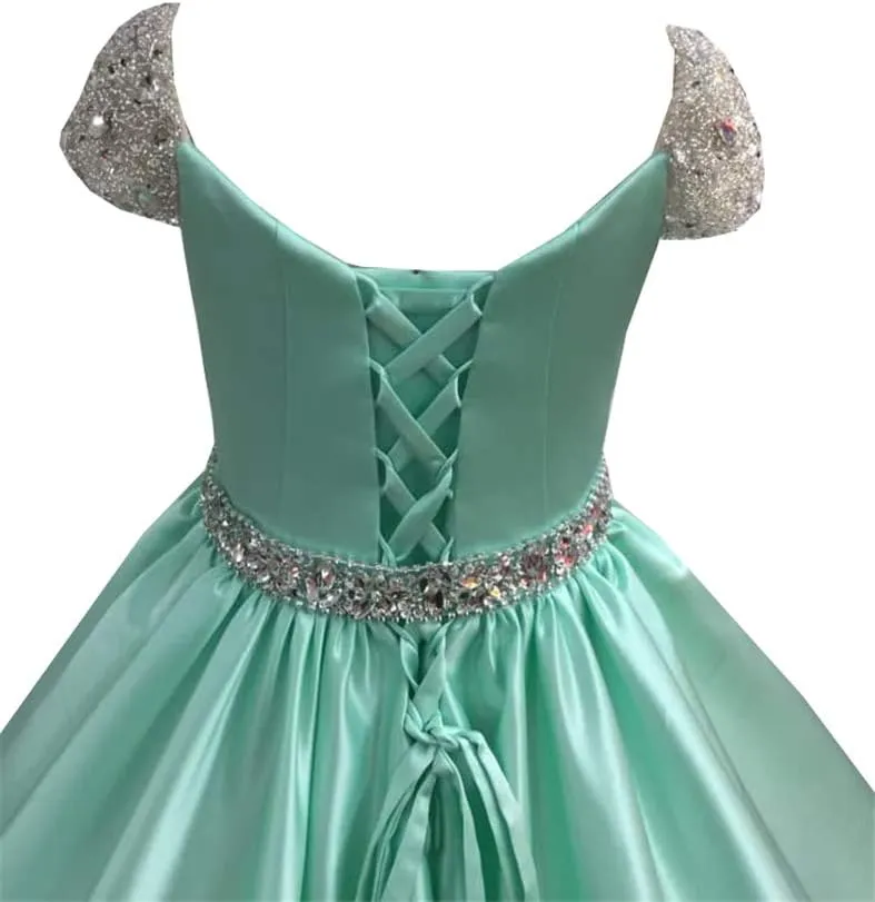 Girls Cap Sleeves Pageant Dresses Stain Long Beaded Princess Birthday Party Formal Gowns with Pockets PA009