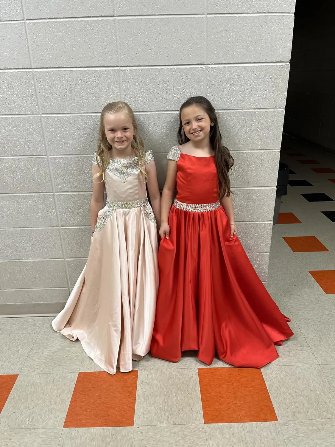 Girls Cap Sleeves Pageant Dresses Stain Long Beaded Princess Birthday Party Formal Gowns with Pockets PA009