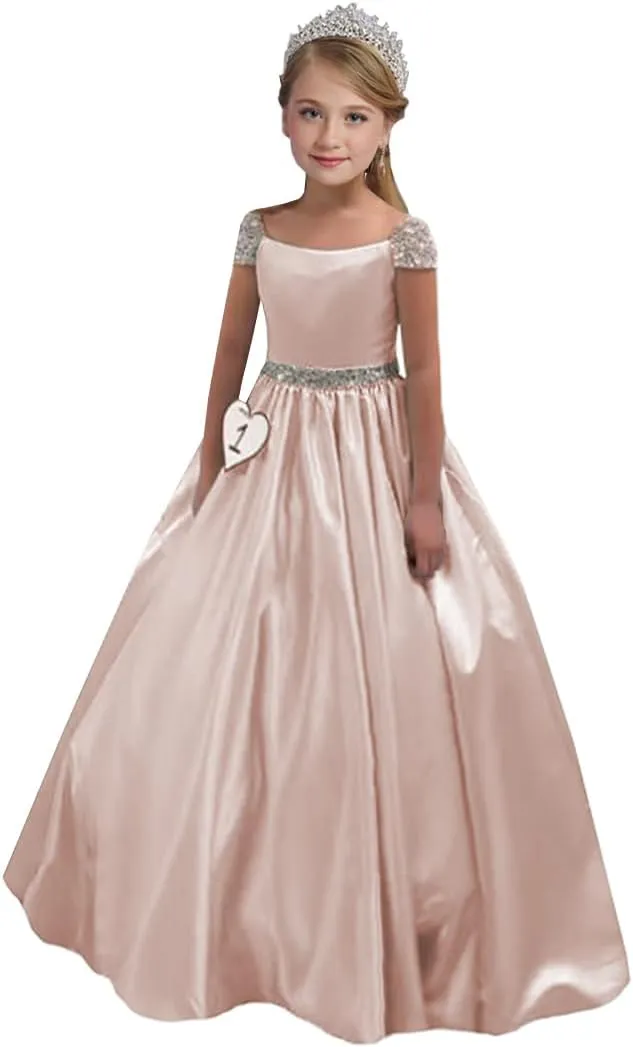 Girls Cap Sleeves Pageant Dresses Stain Long Beaded Princess Birthday Party Formal Gowns with Pockets PA009