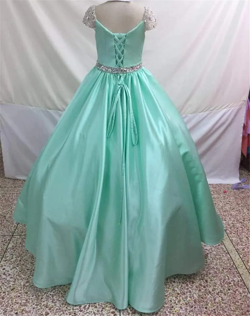 Girls Cap Sleeves Pageant Dresses Stain Long Beaded Princess Birthday Party Formal Gowns with Pockets PA009