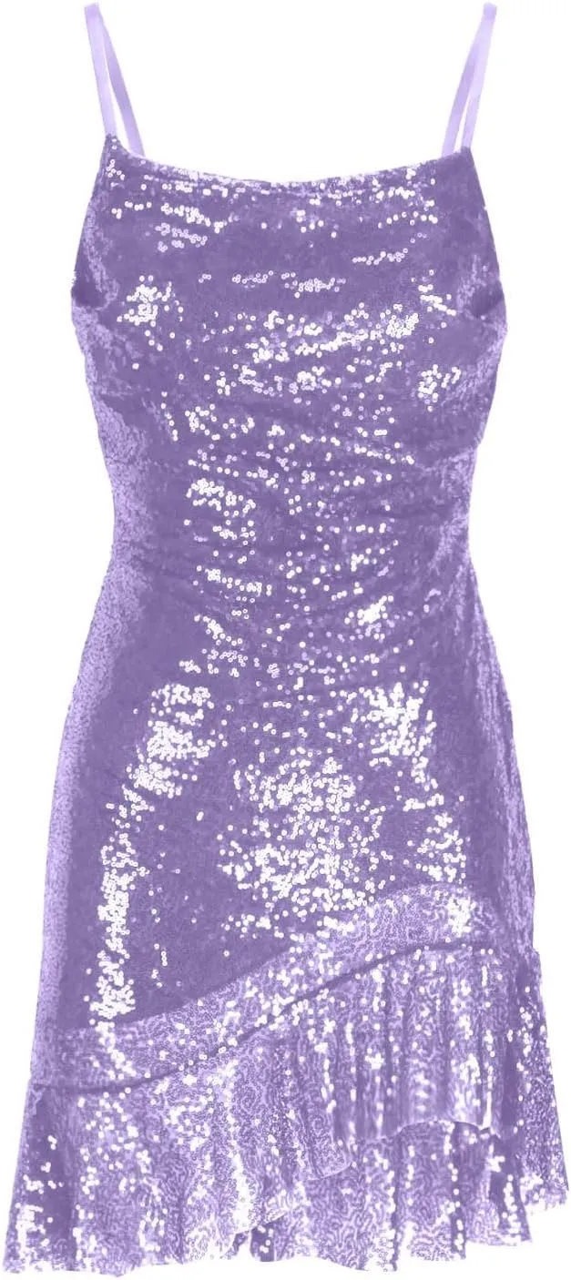 Going Out Dresses for Women Cute Sexy Sparkly Sequin Ruffle Mini Dress Fashion Spaghetti Strap Split Bodycon Dresses