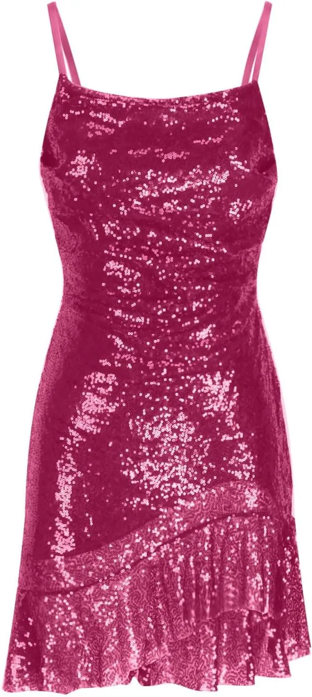 Going Out Dresses for Women Cute Sexy Sparkly Sequin Ruffle Mini Dress Fashion Spaghetti Strap Split Bodycon Dresses