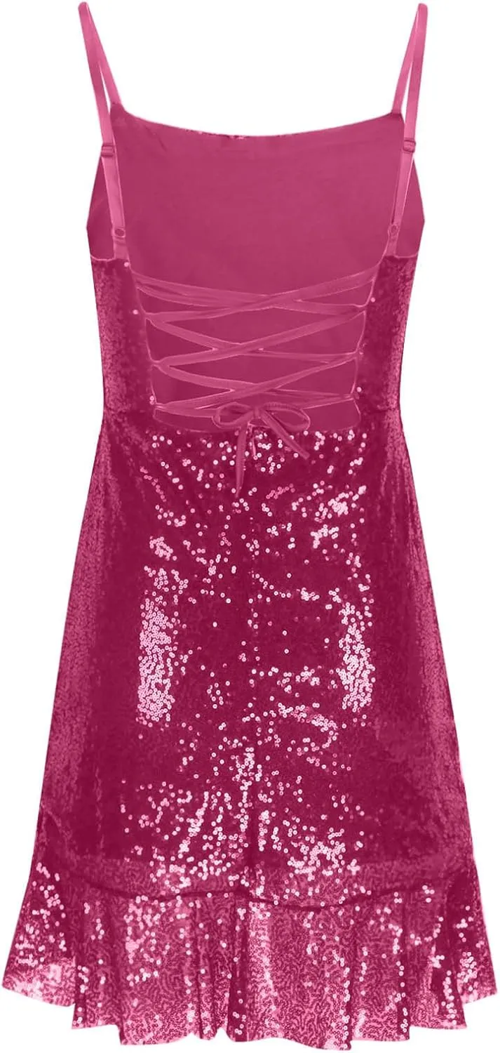 Going Out Dresses for Women Cute Sexy Sparkly Sequin Ruffle Mini Dress Fashion Spaghetti Strap Split Bodycon Dresses