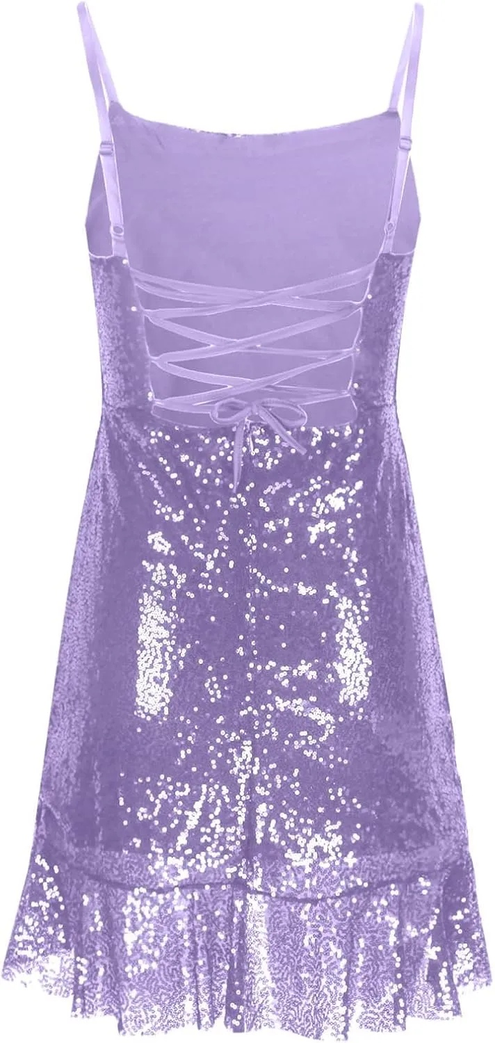 Going Out Dresses for Women Cute Sexy Sparkly Sequin Ruffle Mini Dress Fashion Spaghetti Strap Split Bodycon Dresses