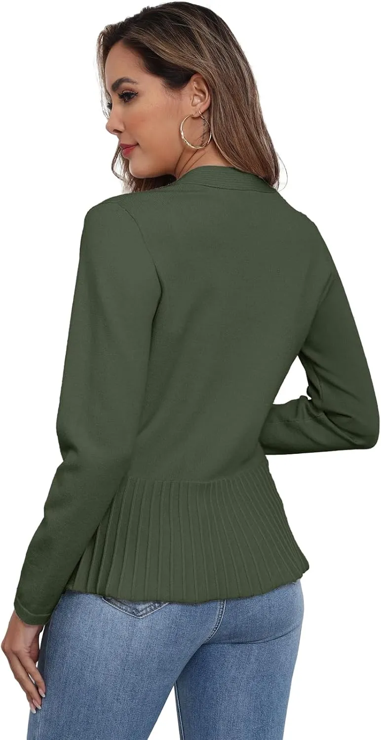 GRECERELLE Women Lightweight Casual Long Sleeves Cropped Cardigan Open Front Peplum Knit Sweater Outwear