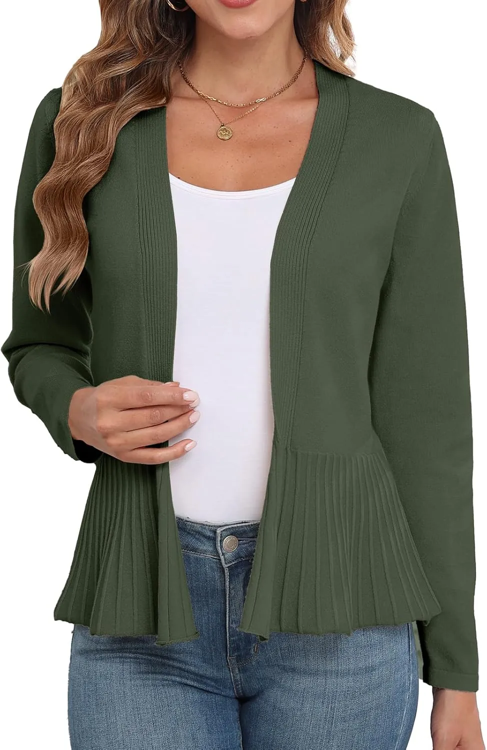 GRECERELLE Women Lightweight Casual Long Sleeves Cropped Cardigan Open Front Peplum Knit Sweater Outwear