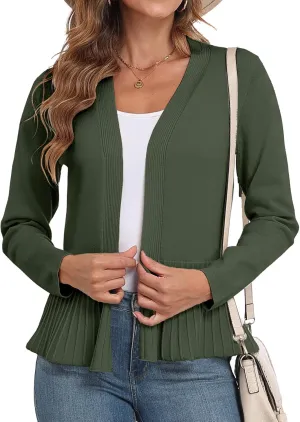 GRECERELLE Women Lightweight Casual Long Sleeves Cropped Cardigan Open Front Peplum Knit Sweater Outwear