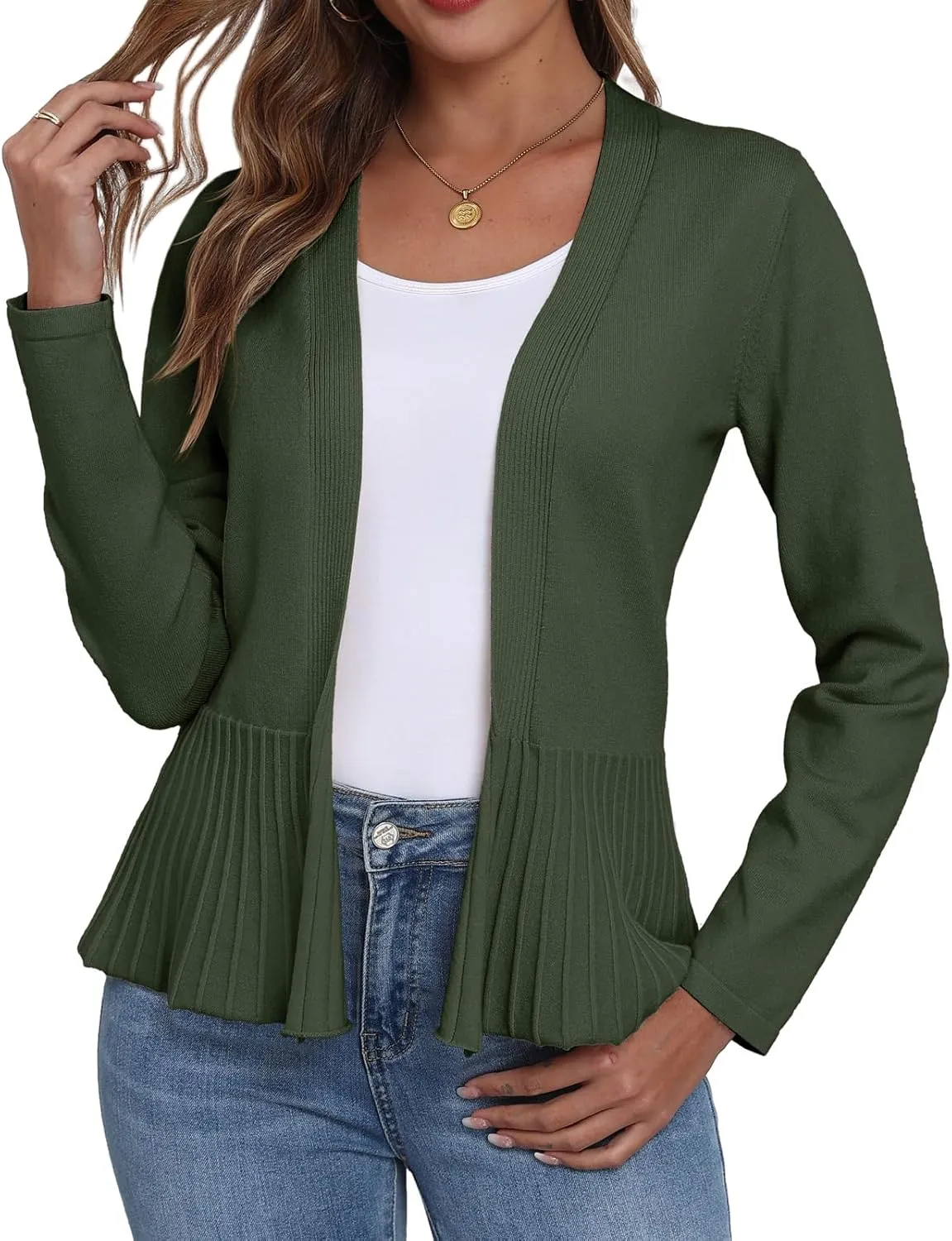 GRECERELLE Women Lightweight Casual Long Sleeves Cropped Cardigan Open Front Peplum Knit Sweater Outwear