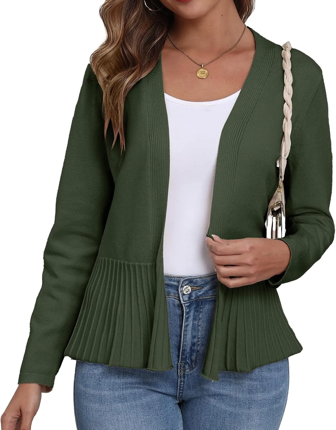 GRECERELLE Women Lightweight Casual Long Sleeves Cropped Cardigan Open Front Peplum Knit Sweater Outwear