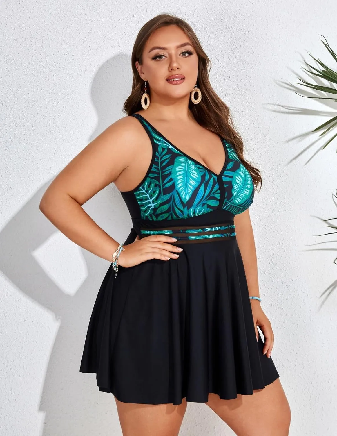 Hanna Nikole Womens Plus Size Swim Dress Swimsuits Two Piece Mesh Front Tankini Bathing Suits Flowy Swimwear with Boyshorts