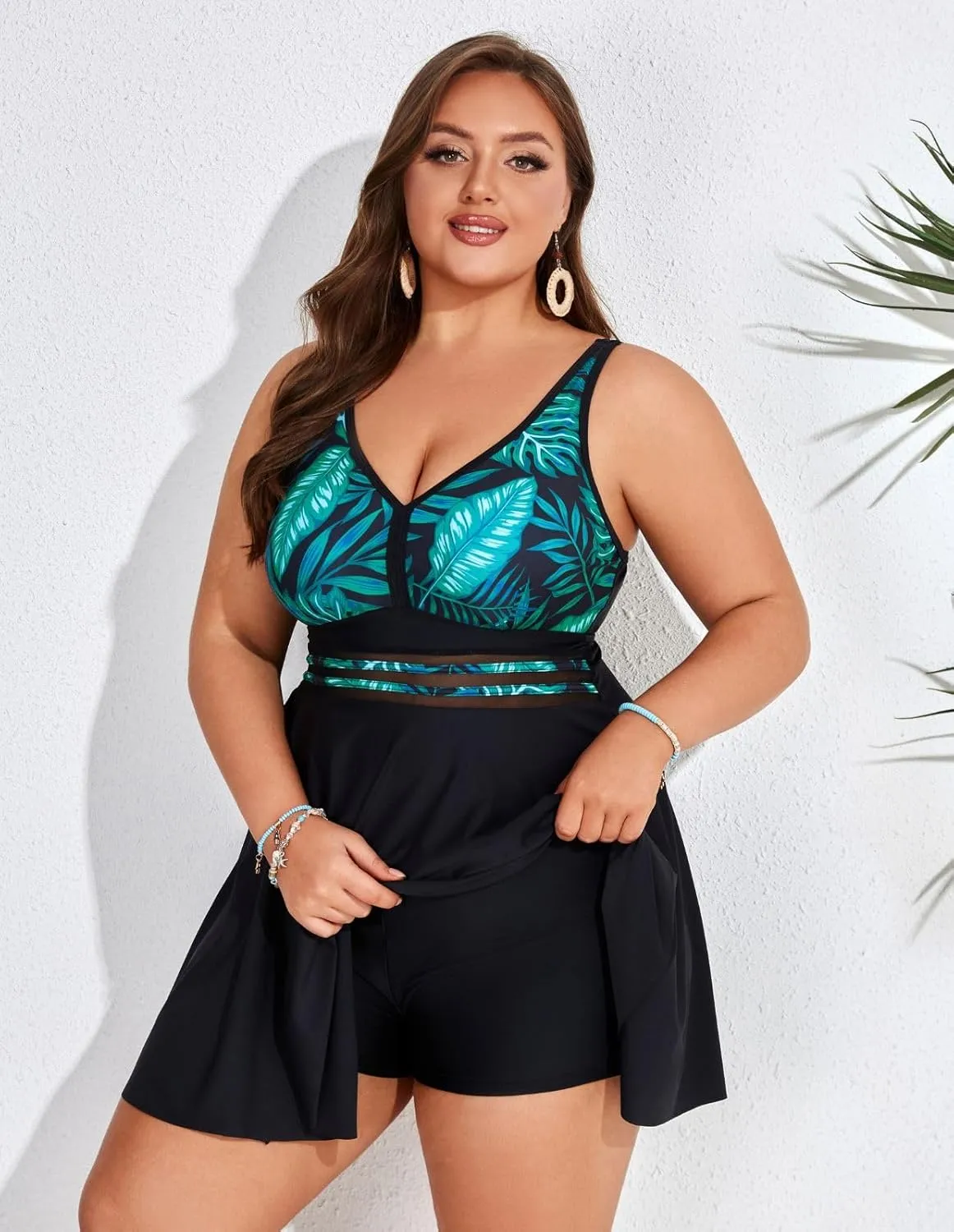 Hanna Nikole Womens Plus Size Swim Dress Swimsuits Two Piece Mesh Front Tankini Bathing Suits Flowy Swimwear with Boyshorts