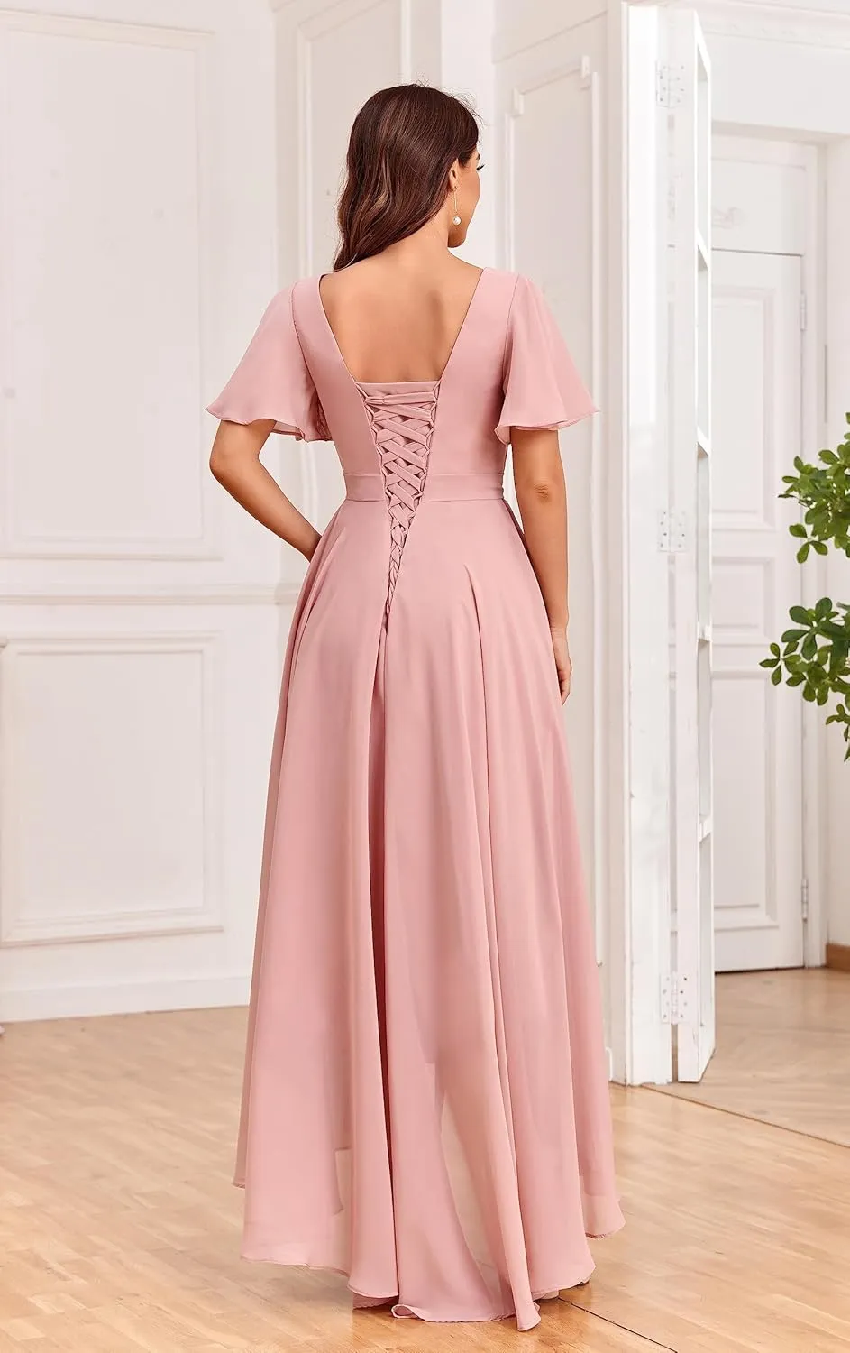 High Low Bridesmaid Dresses for Women Chiffon Pleated V Neck Short Sleeves Formal Dress with Pockets