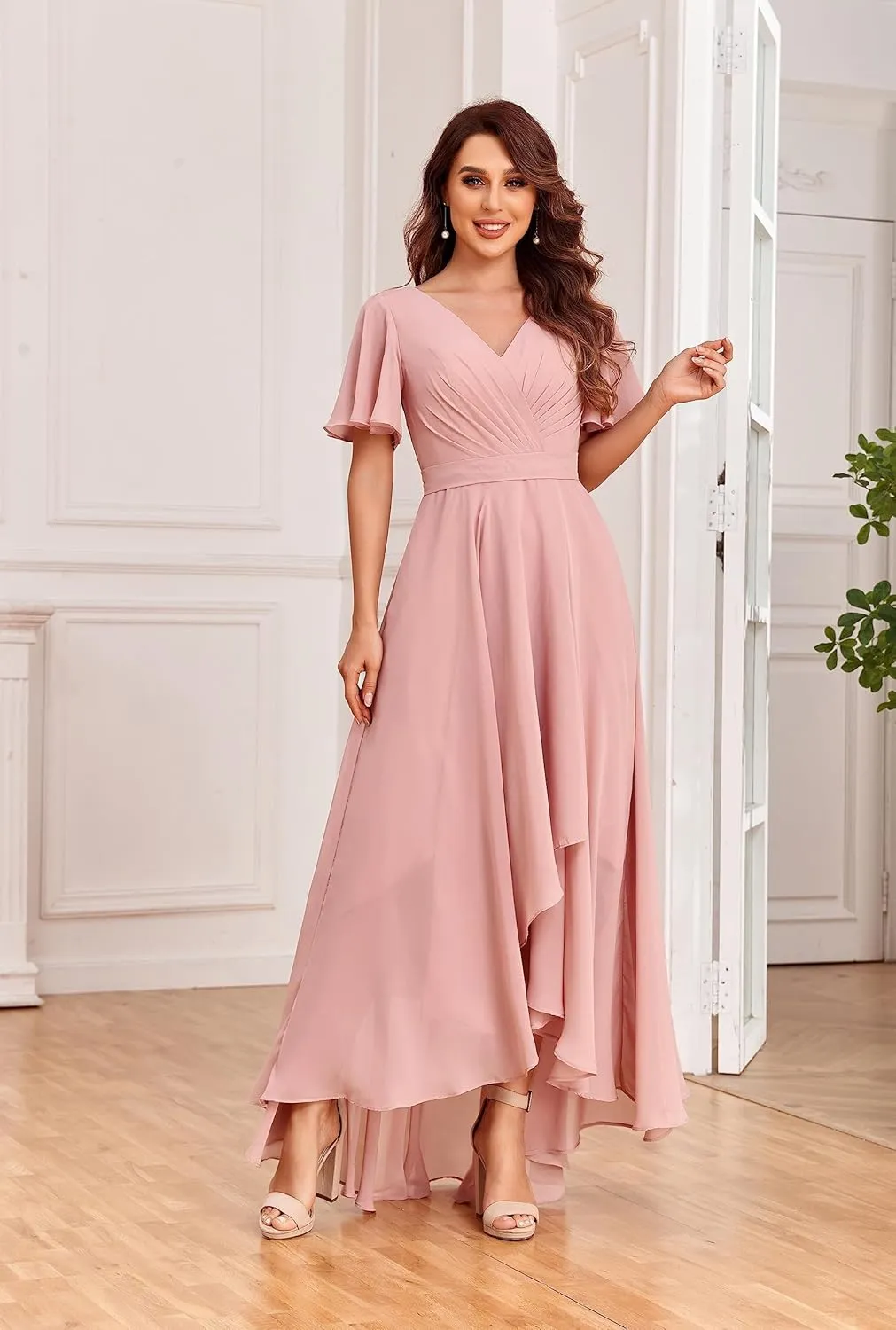 High Low Bridesmaid Dresses for Women Chiffon Pleated V Neck Short Sleeves Formal Dress with Pockets