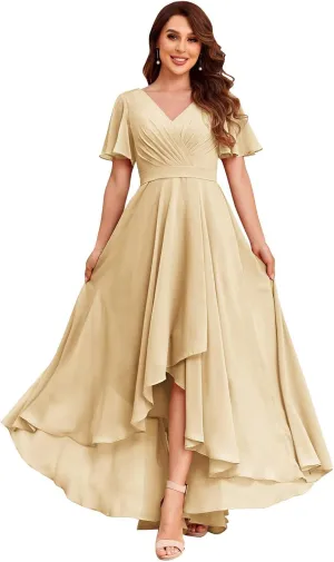 High Low Bridesmaid Dresses for Women Chiffon Pleated V Neck Short Sleeves Formal Dress with Pockets