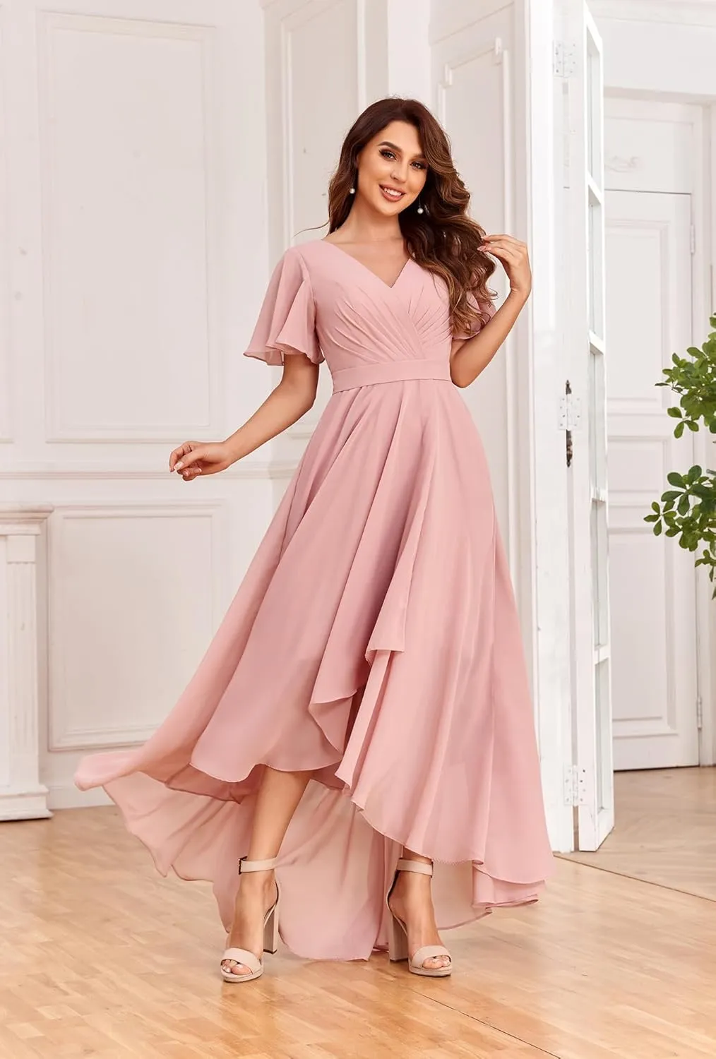 High Low Bridesmaid Dresses for Women Chiffon Pleated V Neck Short Sleeves Formal Dress with Pockets