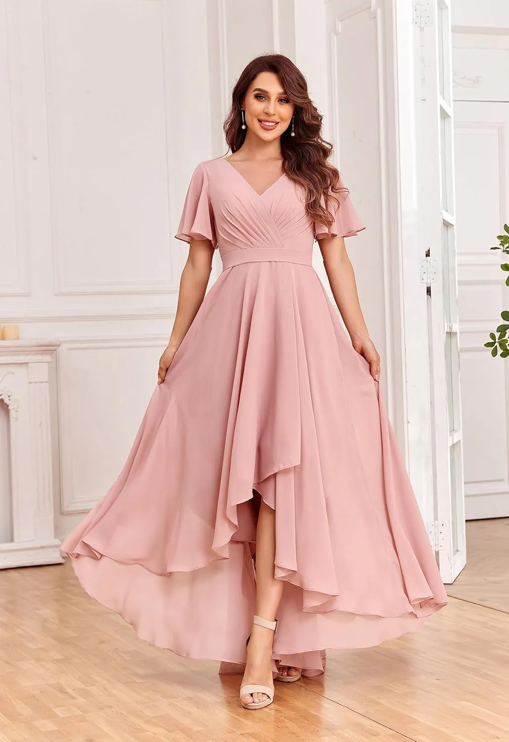 High Low Bridesmaid Dresses for Women Chiffon Pleated V Neck Short Sleeves Formal Dress with Pockets