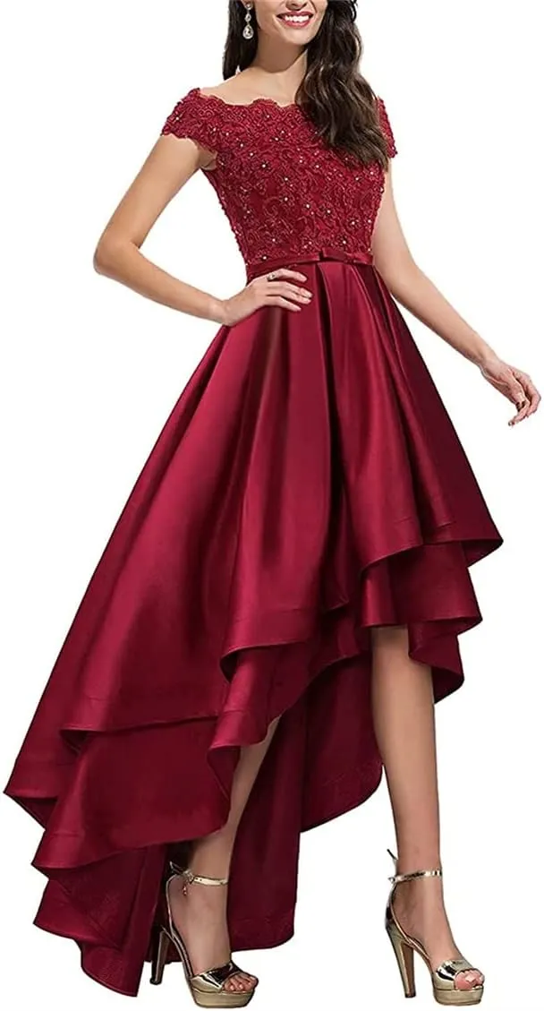 High Low Mother of The Bride Groom Dresses for Wedding Guest Lace Satin Evening Formal Gown Beaded