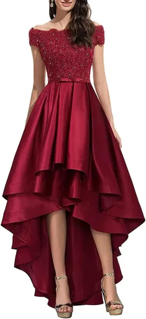 High Low Mother of The Bride Groom Dresses for Wedding Guest Lace Satin Evening Formal Gown Beaded