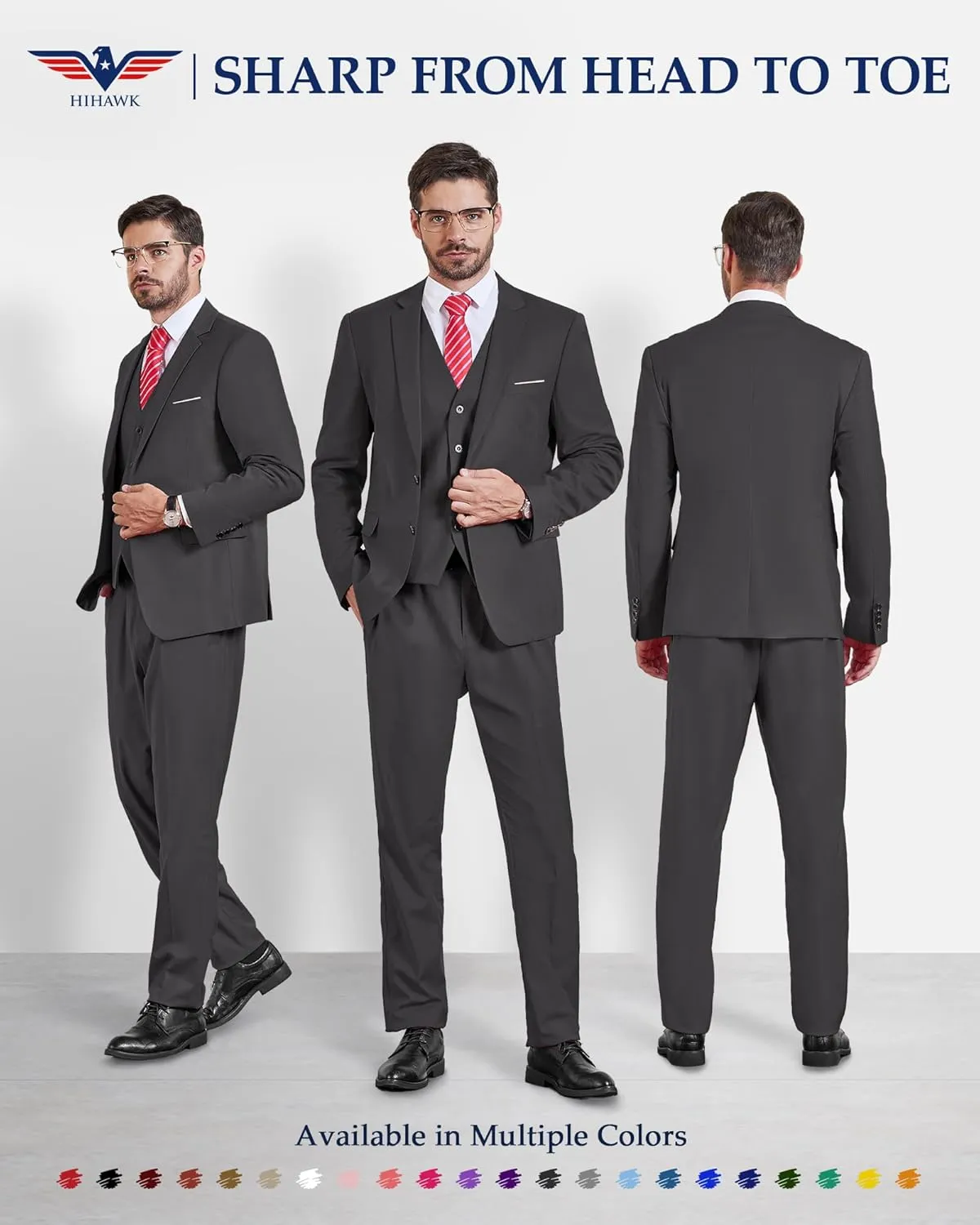 Hihawk Mens 3 Pieces Suit, Slim Fit Tuxedo with Two Buttons, Jacket Vest Pants & Tie Set for Party, Wedding and Business