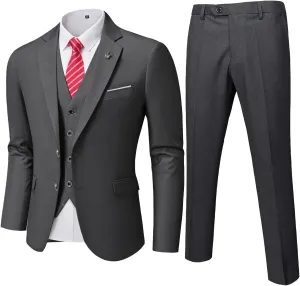 Hihawk Mens 3 Pieces Suit, Slim Fit Tuxedo with Two Buttons, Jacket Vest Pants & Tie Set for Party, Wedding and Business