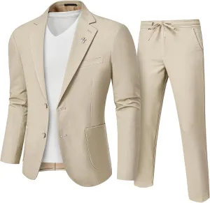 Hihawk Men's Linen Suit 2 Pieces Regular Fit, Two Buttons Lightweight Jacket and Pants for Beach Wedding, Summer Time, Prom