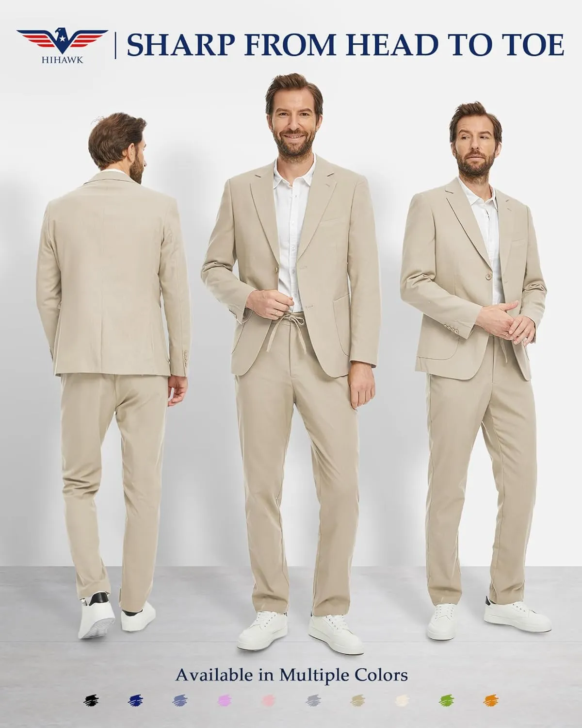 Hihawk Men's Linen Suit 2 Pieces Regular Fit, Two Buttons Lightweight Jacket and Pants for Beach Wedding, Summer Time, Prom