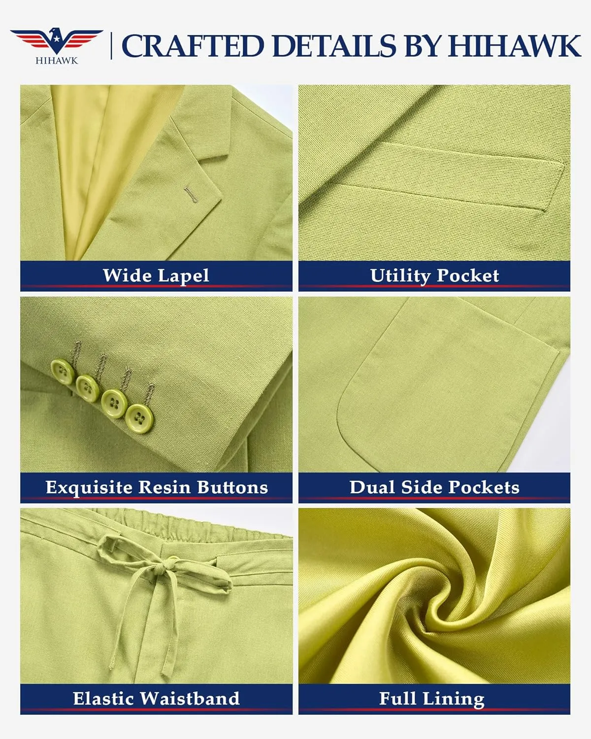 Hihawk Men's Linen Suit 2 Pieces Regular Fit, Two Buttons Lightweight Jacket and Pants for Beach Wedding, Summer Time, Prom