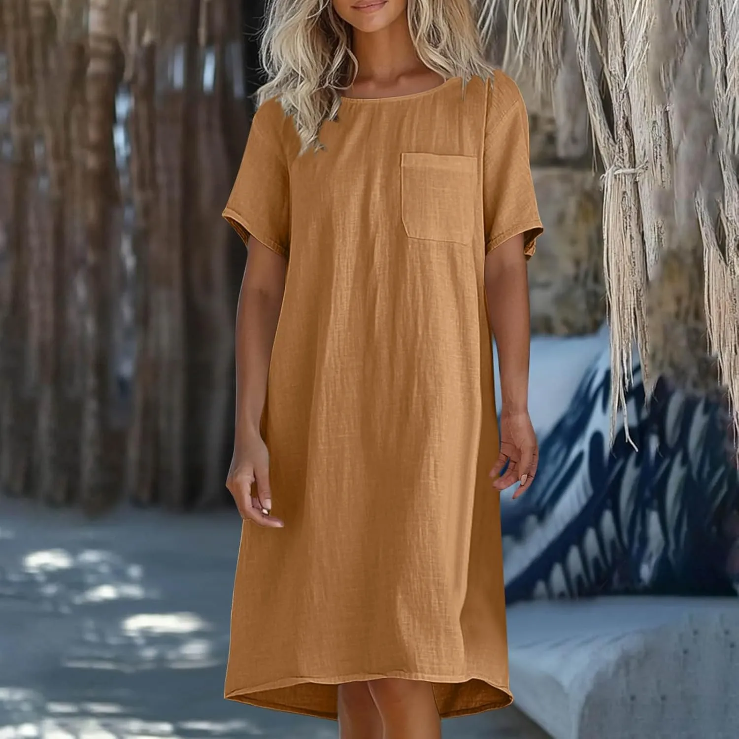 hlysgo Summer Dresses for Women 2025 Casual Loose Comfy Short Sleeve Crew Neck Mini Dress Teen Girls Knee Length Beach Dress