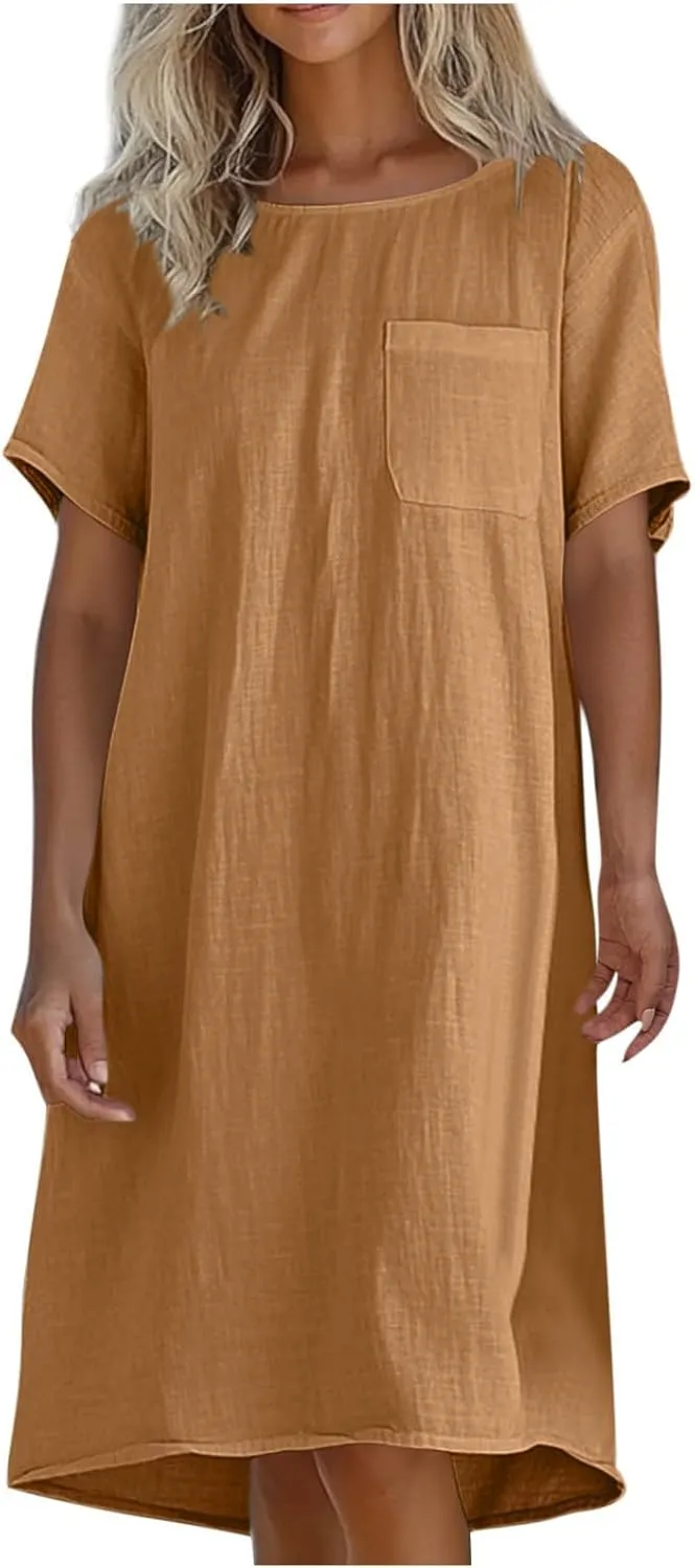 hlysgo Summer Dresses for Women 2025 Casual Loose Comfy Short Sleeve Crew Neck Mini Dress Teen Girls Knee Length Beach Dress