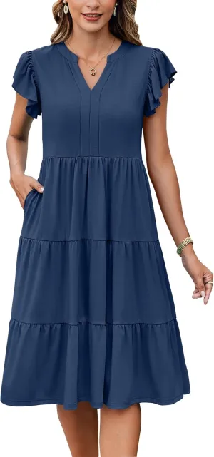 Hount Women's Summer Casual Dress 2025 V Neck Short Sleeve Midi Sundress Party Dress Flowy Tiered Beach Dresses with Pockets