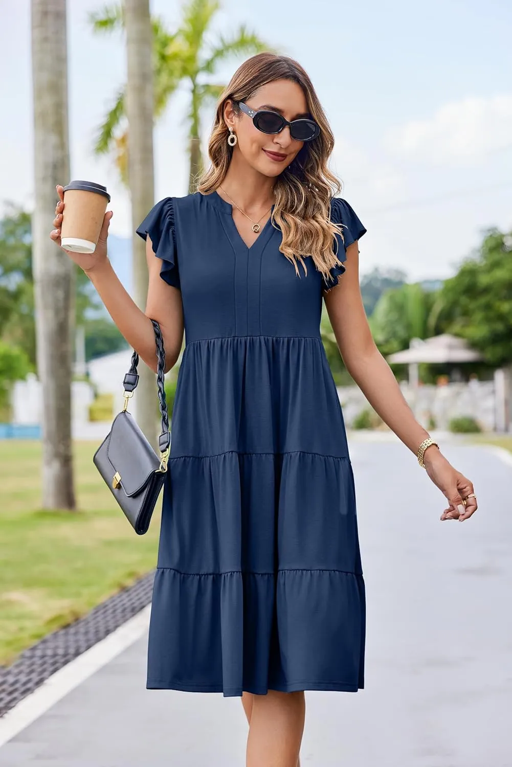 Hount Women's Summer Casual Dress 2025 V Neck Short Sleeve Midi Sundress Party Dress Flowy Tiered Beach Dresses with Pockets