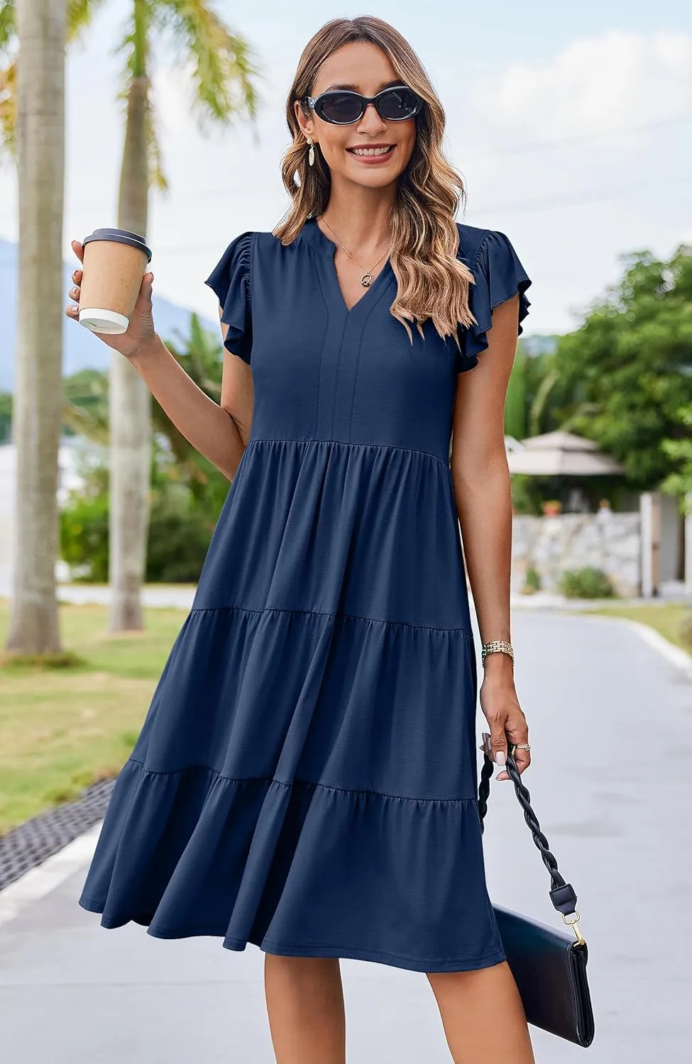 Hount Women's Summer Casual Dress 2025 V Neck Short Sleeve Midi Sundress Party Dress Flowy Tiered Beach Dresses with Pockets