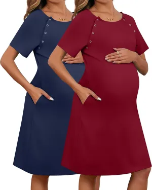 Huukeay 2 Pack Labor Delivery Nursing Hospital Gown Women's 35% Cotton Maternity Birthing Dress 3 In1 Breastfeeding Pajamas