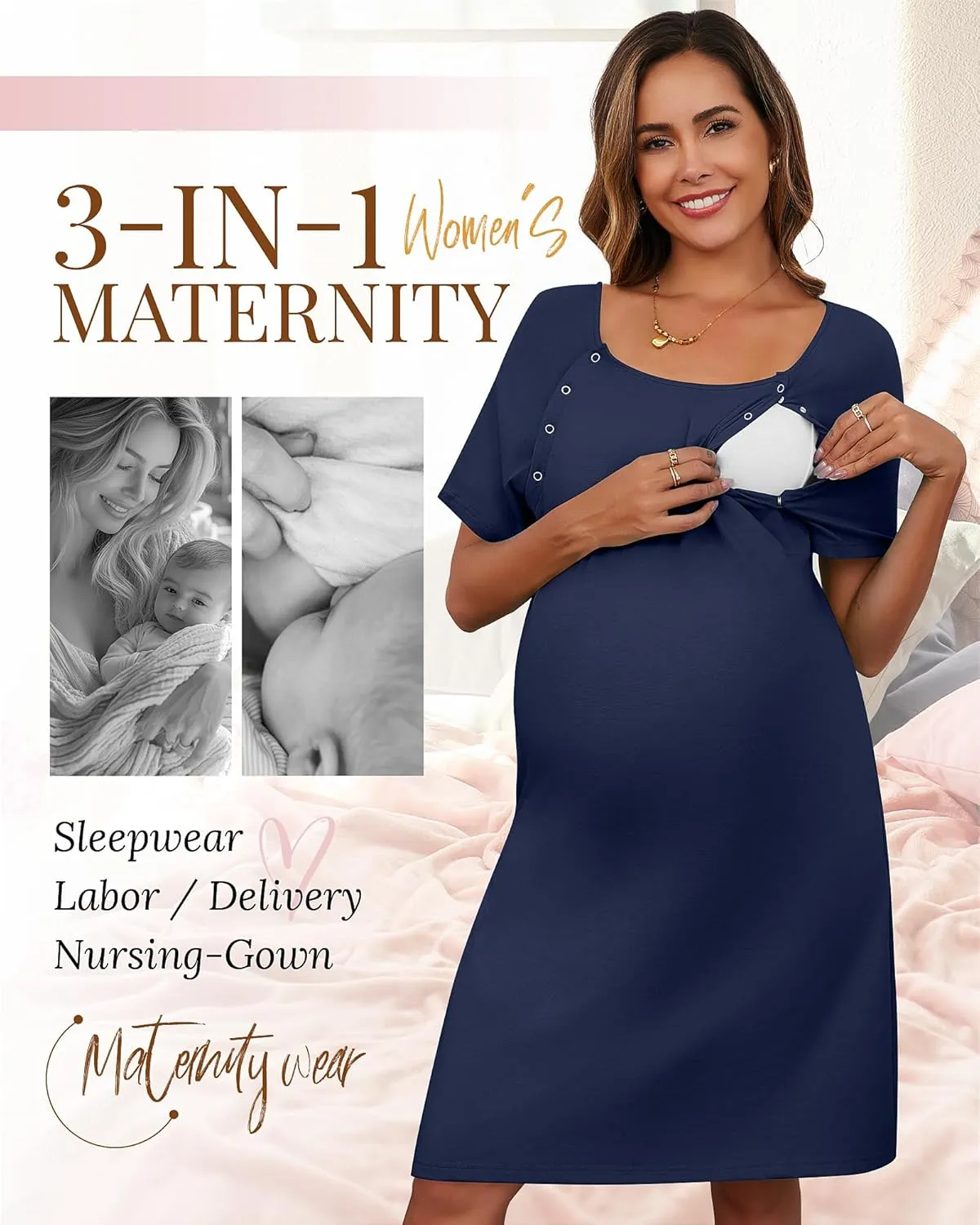 Huukeay 2 Pack Labor Delivery Nursing Hospital Gown Women's 35% Cotton Maternity Birthing Dress 3 In1 Breastfeeding Pajamas