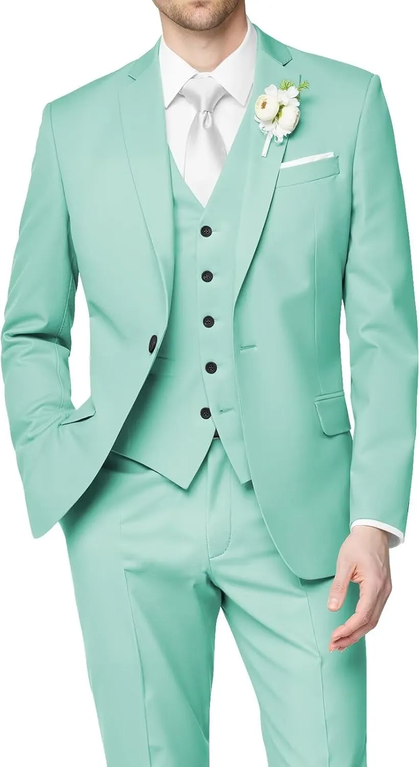 HUUTOE Men's 3 Piece Suits Slim Fit Wedding Groomsmen Prom Business Suit One Button Blazer Jacket Vest Pants Tuxedo Set
